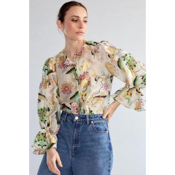 Cynthia Rowley Tops - Cynthia Rowley Love Locket Linen Silk Puff Sleeve Blouse Gold Foil Ivory Small